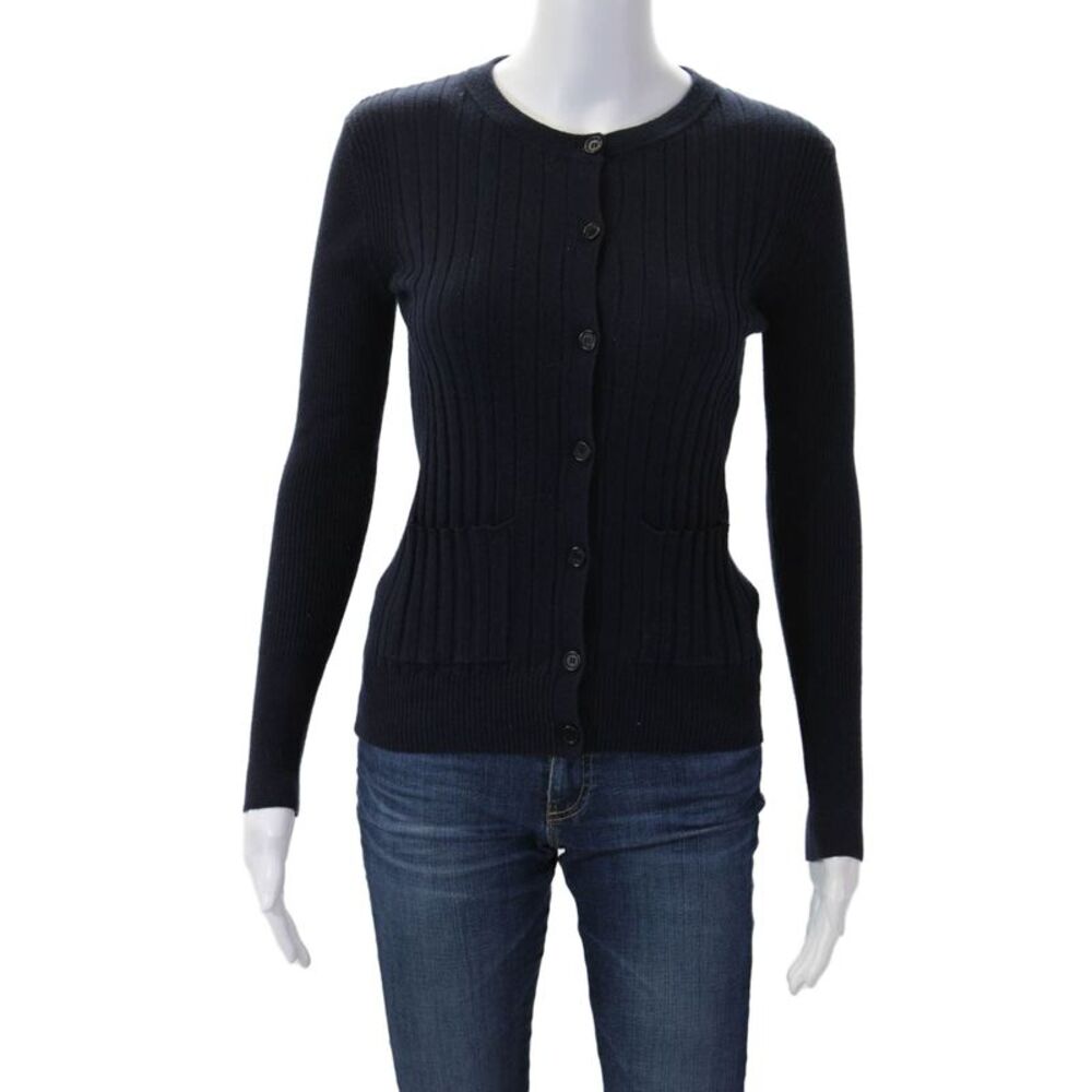 Demylee Womens Cardigan Dark Blue Striped Crew Neck Button Long Sleeve Size S